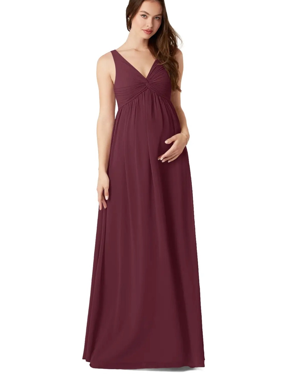 Azazie Yetta NWT 
A-Line V-Neck Gathered Chiffon Floor-Length Dress Cabernet A12